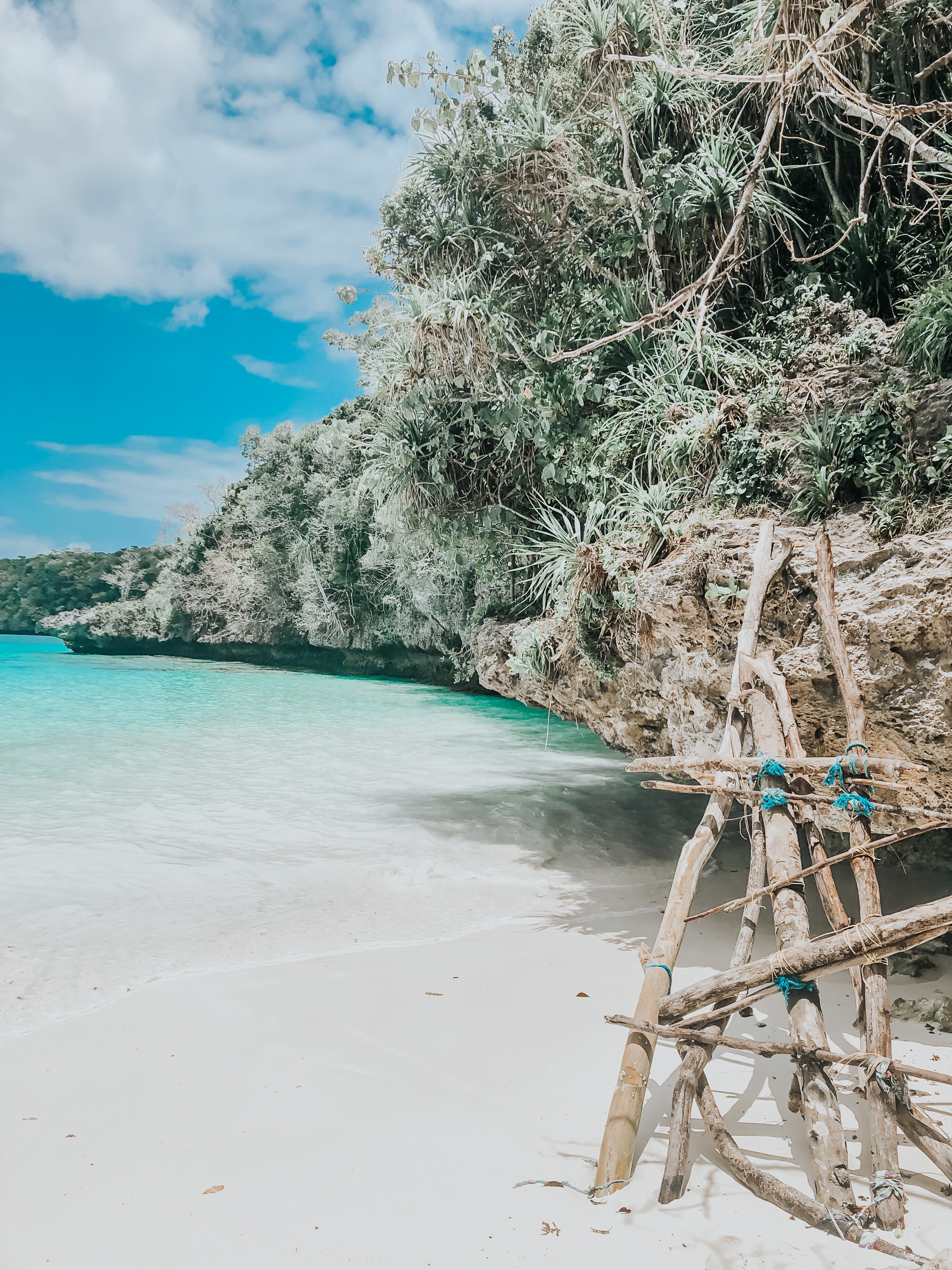 Echelle en bois pour accéder à la plage de kiki beach à Lifou